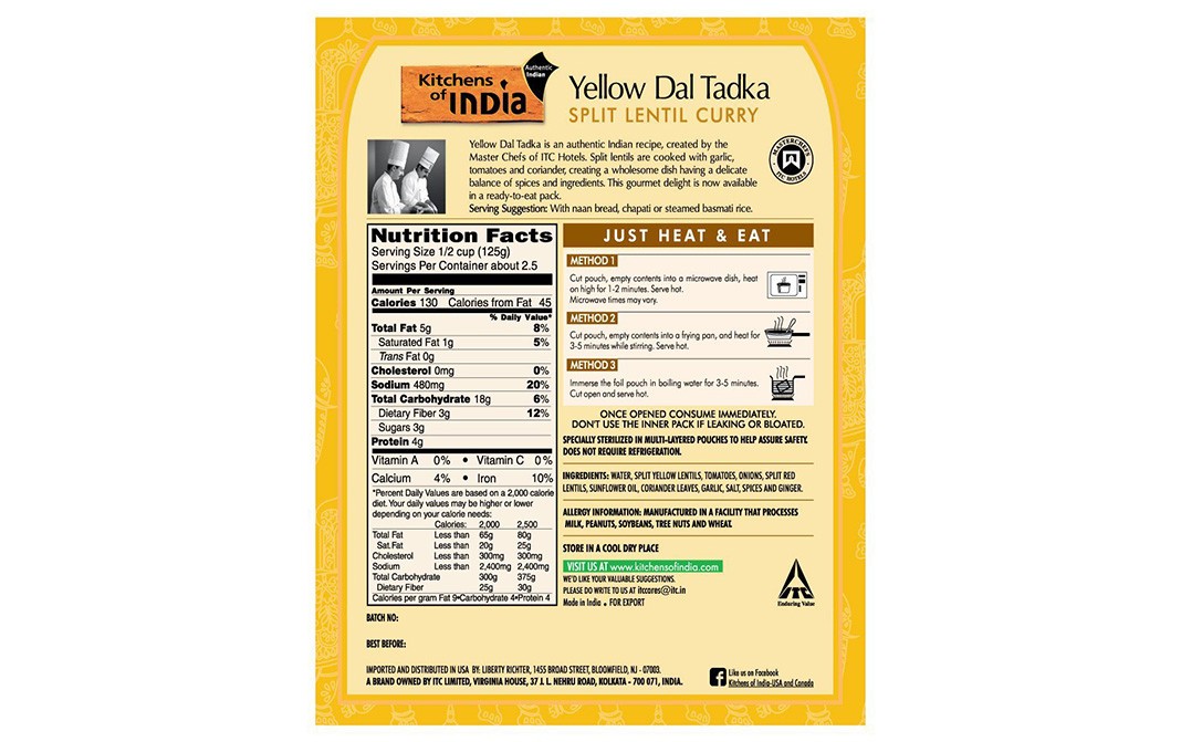 Kitchens Of India Yellow Dal Tadka Split Lentil Curry   Box  285 grams